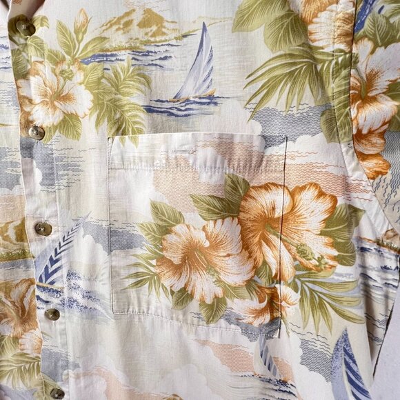 Vtg Pierre Cardin Mens Hawaiian Button Up Shirt L Cotton Floral Sailboat Tropics - Picture 6 of 10